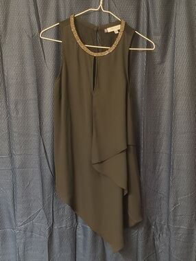 Jennifer Lopez Black Asymmetrical Sleeveless Tunic Top with Beaded Neckline